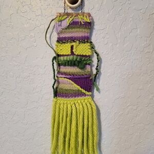 Handmade Purple, Green, Copper Loom Woven Wall Hanging 3.25" x 15" Fiber Art